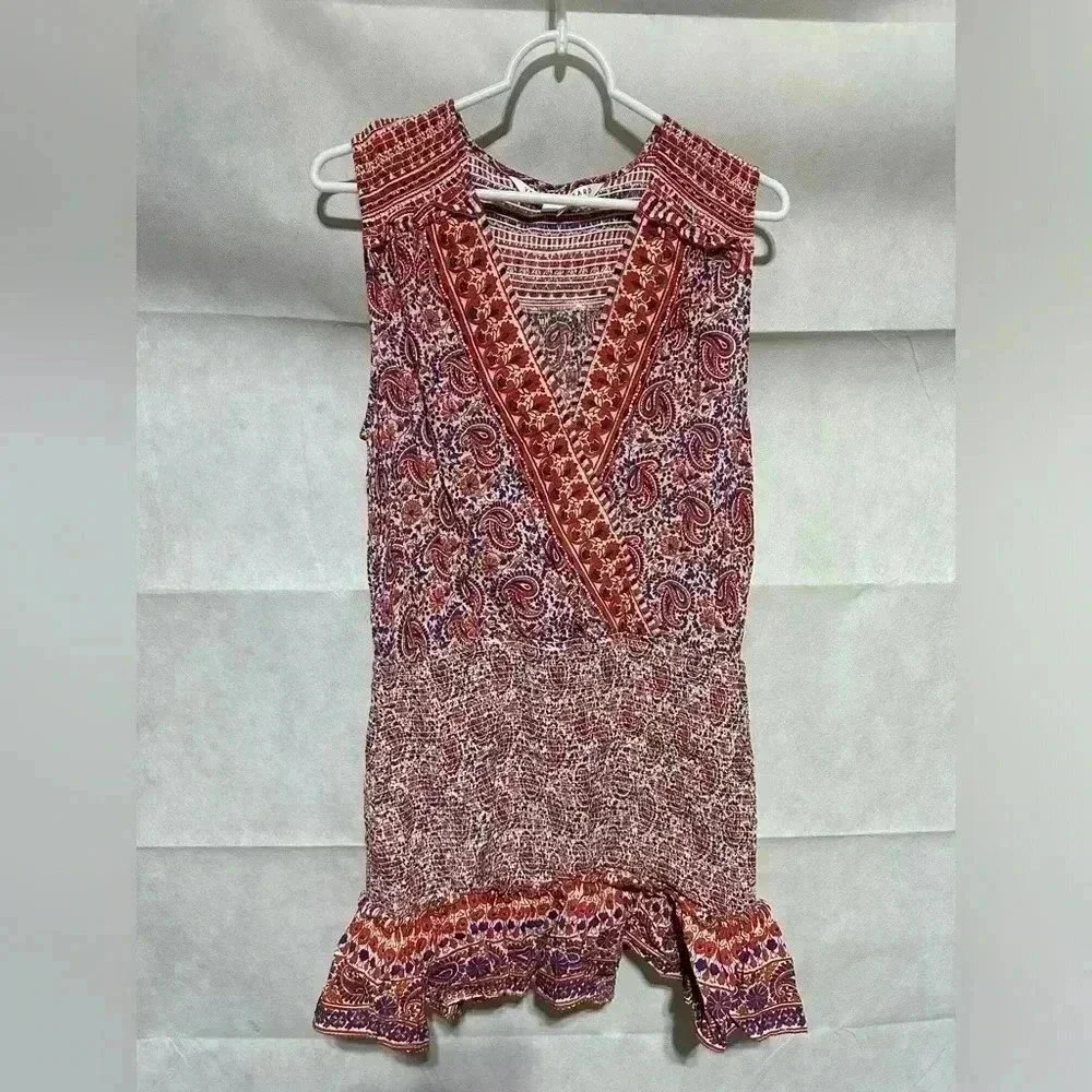 Veronica Beard Floral Paisley Cox Mini Dress Red Blue Large Smocked V-Neck Ruffl - Picture 3 of 6